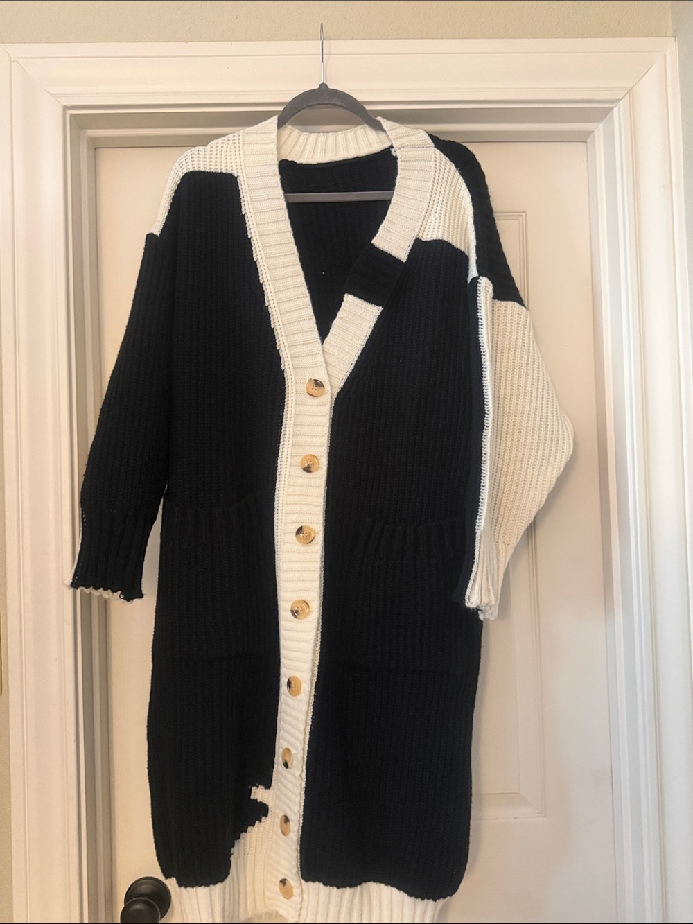 Black & Cream Long Button-Up Knit Cardigan Sweater